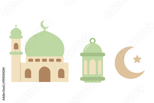 Ramadan Kareem Element Set with Mosque Lantern and Crescent Moon Vector
