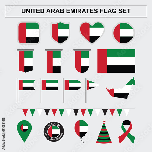 Set of united arab emirates flag in different shapes national flag and many more illustrations in one big bundle. Vector design.