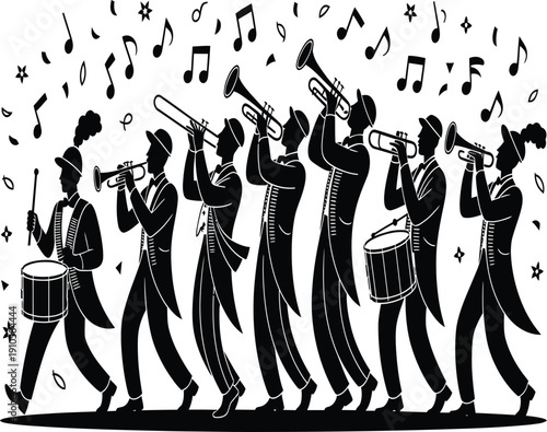 A marching band playing musical instruments with notes and stars around them