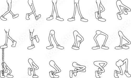 Vintage rubber hose style leg animation poses for character design sketching and movement study featuring outline drawings of cartoon feet in various stepping positions for artistic project work