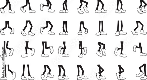 Cartoon walk cycle animation frames featuring retro character legs and large clown shoes set on transparent background for game development motion graphics projects and classic vintage style layouts
