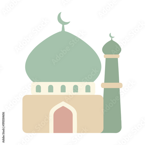 Minimalist Mosque Building with Dome and Minaret Flat Vector Illustration