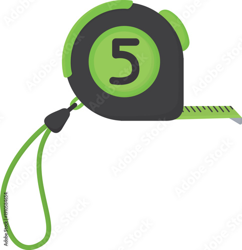 Measuring tape tool in black and lime‑green color with number 5. Modern and practical object for construction, carpentry and repair