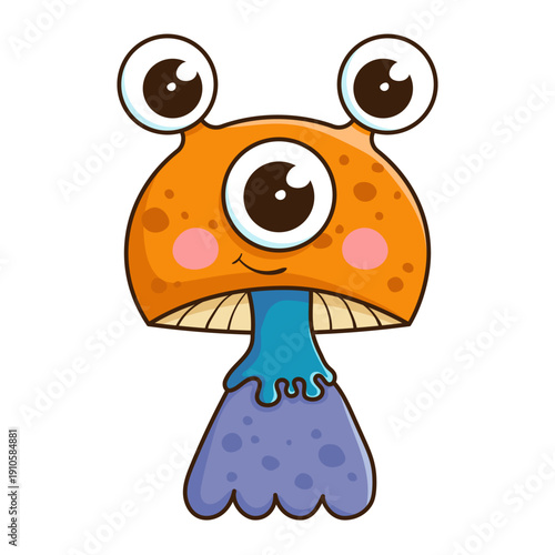 Cute friendly little mushroom alien monster with three eyes. Charming children's fictional character on an isolated background