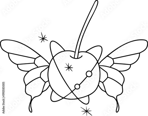 Cherry with Angel Wings and Orbit Rings Line Art Illustration