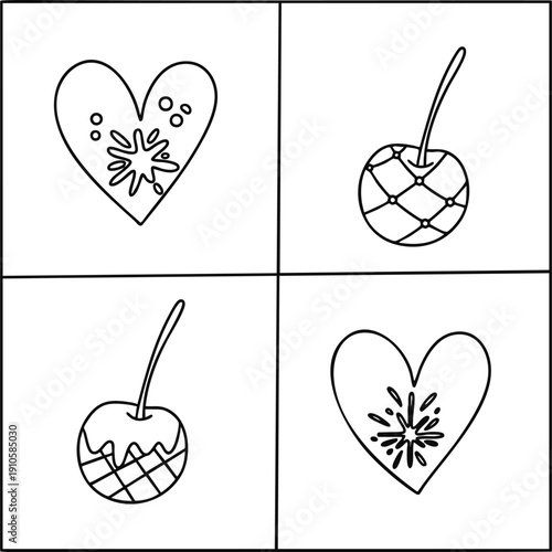 Cherry and Heart Icon Grid Line Art Illustration