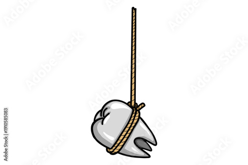 A hanging tooth that has been pulled with a rope