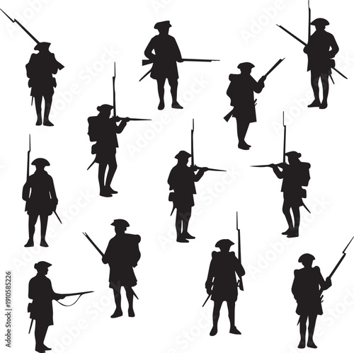 Set of american revolutionary war soldiers holding muskets silhouette vector illustration line art