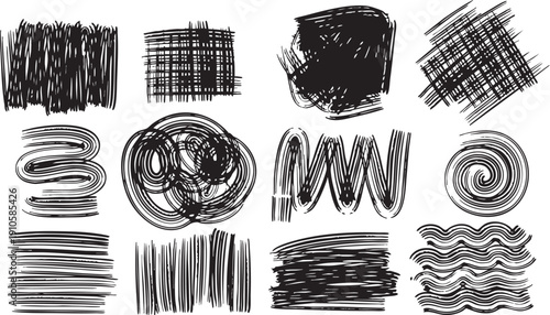 Abstract Hand Drawn Line Textures Set – Scribble, Grid, Spiral and Brush Stroke Vector Collection
