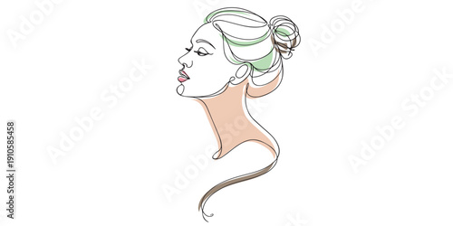 Line art drawing of a beautiful woman with hair in a bun. One line drawing for beauty concept, feminine elegance and cosmetic branding.