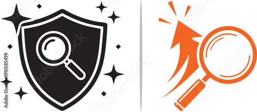 A black shield with a magnifying glass and sparkles next to an orange upward arrow being inspected by a magnifying glass. Symbols for secure search, protection, and data growth.