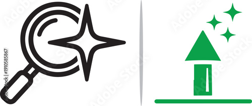 A dual-panel vector featuring a black magnifying glass highlighting a large sparkle and a green upward-pointing arrow with stars, symbolizing successful discovery and growth potential.