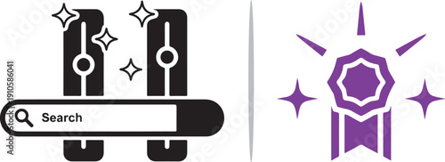 A dual-panel vector featuring a black search bar over shimmering adjustment sliders and a purple award ribbon with sparkles, symbolizing top-tier results and quality recognition.