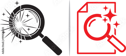 A black magnifying glass with high-intensity light rays and sparkles next to a red outline of a magnifying glass inspecting a document. Illustrates deep analysis and document refinement.