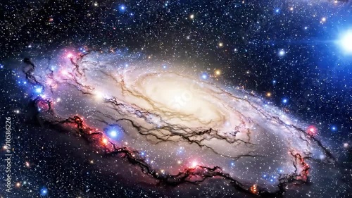 A vibrant galaxy with a bright central core and swirling clouds of gas and dust, set against a starry night sky with numerous celestial bodies
