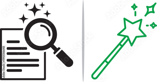 A black line-art icon of a magnifying glass over a document with sparkles, paired with a green star-topped magic wand. This set represents editorial magic, document scanning, and refinement.