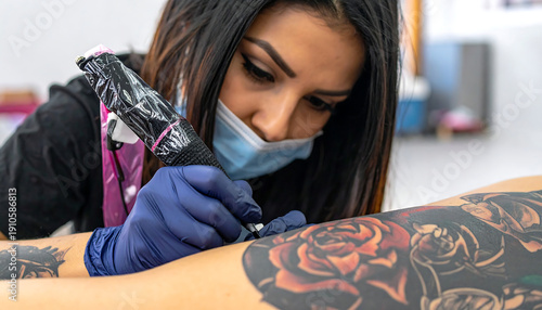 Wallpaper Mural Tattoo artist inks a leg with a detailed, dark floral design Torontodigital.ca