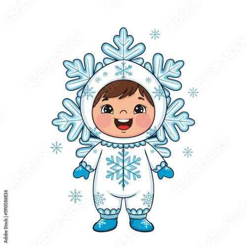 Cartoon child in snowman costume smiling.