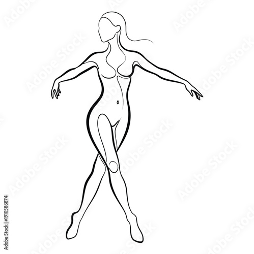 Simple line drawing of a woman in a dynamic pose with flowing hair.
