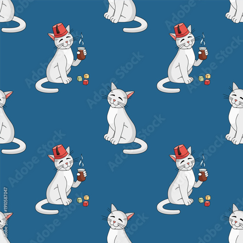 Turkish angora cat character with Turkish cup of tea seamless pattern. Vector illustration. Cat in a fez enjoys tea. Turkish culture elements tea cup, angora cat, Turkish delight, fez. Vector texture.