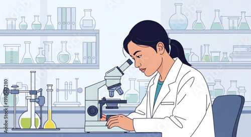 Female scientist in lab coat using microscope conducting research in a laboratory with scientific equipment and glassware for medical or educational concepts