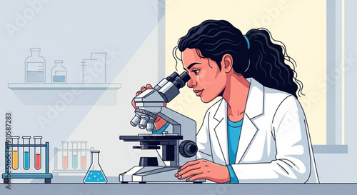 Young female scientist in lab coat looking through microscope conducting research in a laboratory with test tubes and beakers for science and education concepts