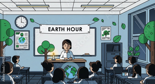 Teacher explaining Earth Hour concept in a classroom with students environmental awareness for children educational illustration for sustainability