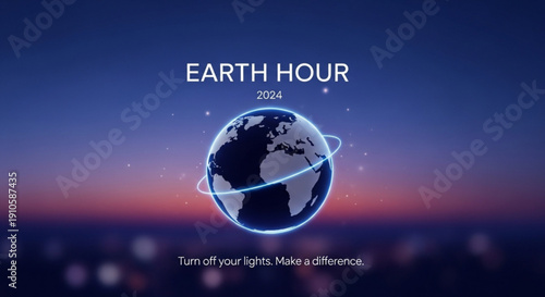 Earth Hour 2024 concept glowing planet Earth with orbit ring representing global conservation and energy saving with city lights blur in background