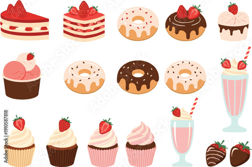 Cute strawberry dessert set with cakes donuts cupcakes milkshakes and chocolate treats flat vector illustration