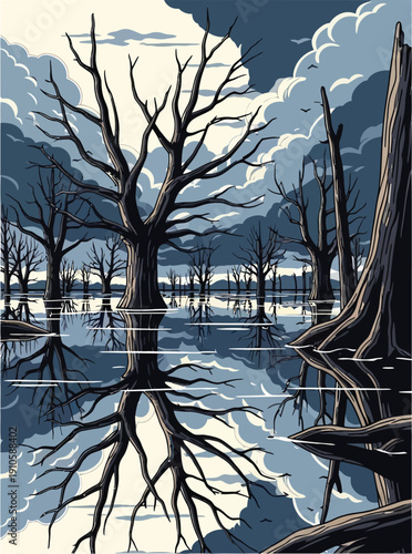 Silhouette of a mosque with minarets at sunset in a cityscape illustration