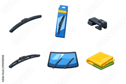 Collection of car windshield wiper parts and cleaning supplies on white background