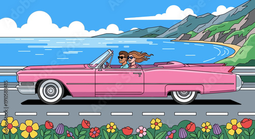Pink vintage convertible car road trip along coastal highway