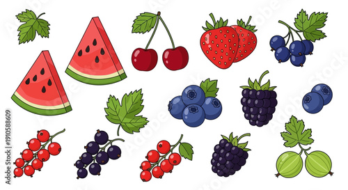 Summer Berry and Fruit Set Cute Cartoon Vector Illustration