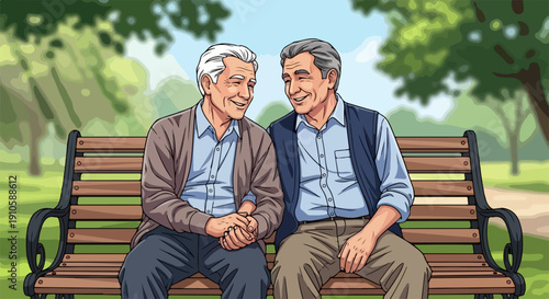 Two elderly men converse happily on park bench, enjoying outdoor friendship and pleasant afternoon in sunny green park. Senior men share laughter, pleasant discussion,