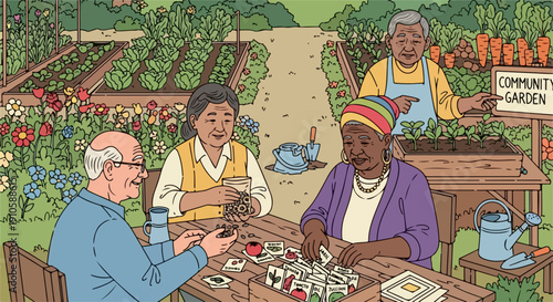 Illustration depicts vibrant community garden with diverse older adults engaged in various activities. Seniors enjoy social interaction, playing cards at wooden table,