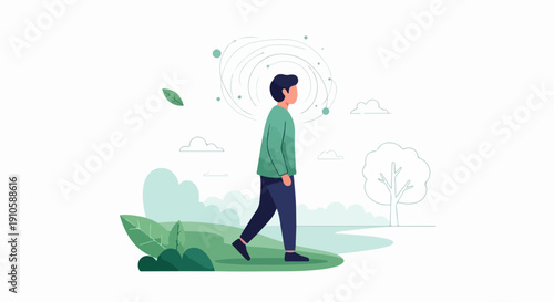 Stylized man walking calmly on green path, surrounded by abstract trees and foliage. Mindful man walking represents personal growth, quiet contemplation.