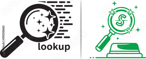 A dual-panel vector titled "lookup" featuring a black magnifying glass focusing on data stars and a green magnifying glass examining a dollar sign, representing financial audit and data research.