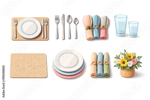 Table setting elements including plates, cutlery, napkins, glasses, and floral arrangement