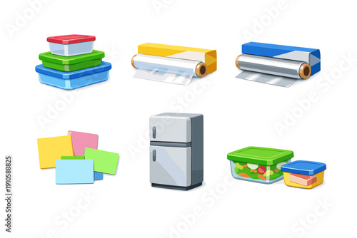 Collection of kitchen essentials for food storage and preservation