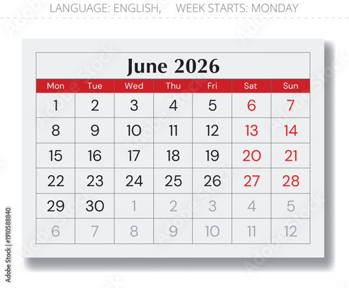 June 2026 calendar page. English monthly vector Monday start