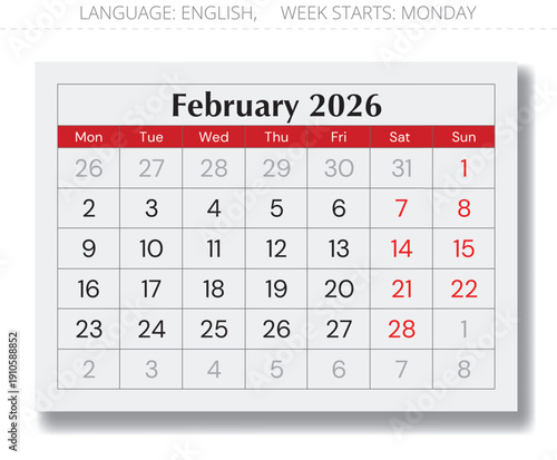 February 2026 calendar page. English monthly vector Monday start