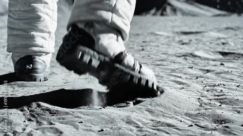 A close-up of a space suit-clad foot on a barren, rocky surface with a hazy background