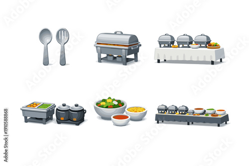 Collection of buffet serving dishes and utensils for catering and events