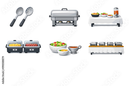 Collection of buffet serving dishes and utensils for catering and events