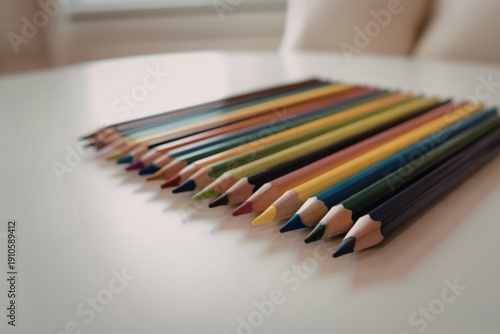 A photo of a set of used color pencils on a white table