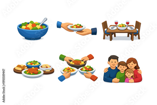 Diverse scenes depict sharing food and family meals, celebrating togetherness and community