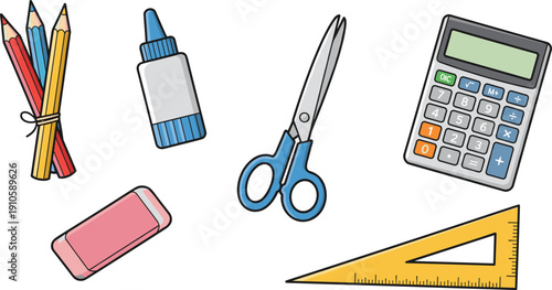 Back to School Supplies Vector Illustration Set with Colored Pencils Glue Scissors Calculator Eraser and Ruler Graphic Icons