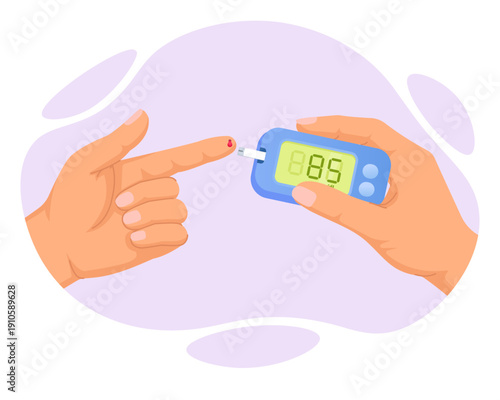 Diabetes blood glucose test with glucometer and finger drop, flat vector illustration of medical device monitoring sugar level, healthcare diagnostic concept isolated icon artwork