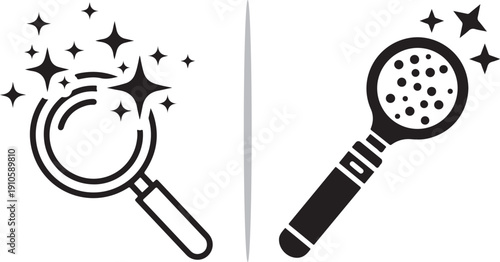 A black vector illustration featuring two magnifying glasses. One shows sparkling four-pointed stars, while the other reveals a textured, dotted surface under inspection.