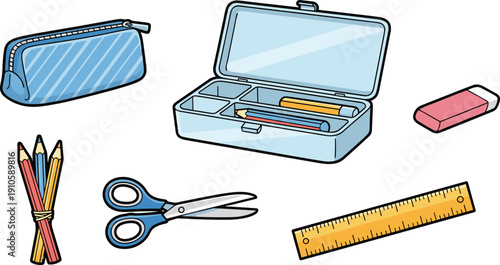 Back to School Stationery Set with Pencil Case Storage Box Colored Pencils Scissors Eraser and Yellow Ruler Vector Icons